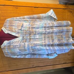 196 Cocomo Lightweight Watercolor Plaid Tunic Blouse - Blue & Tan